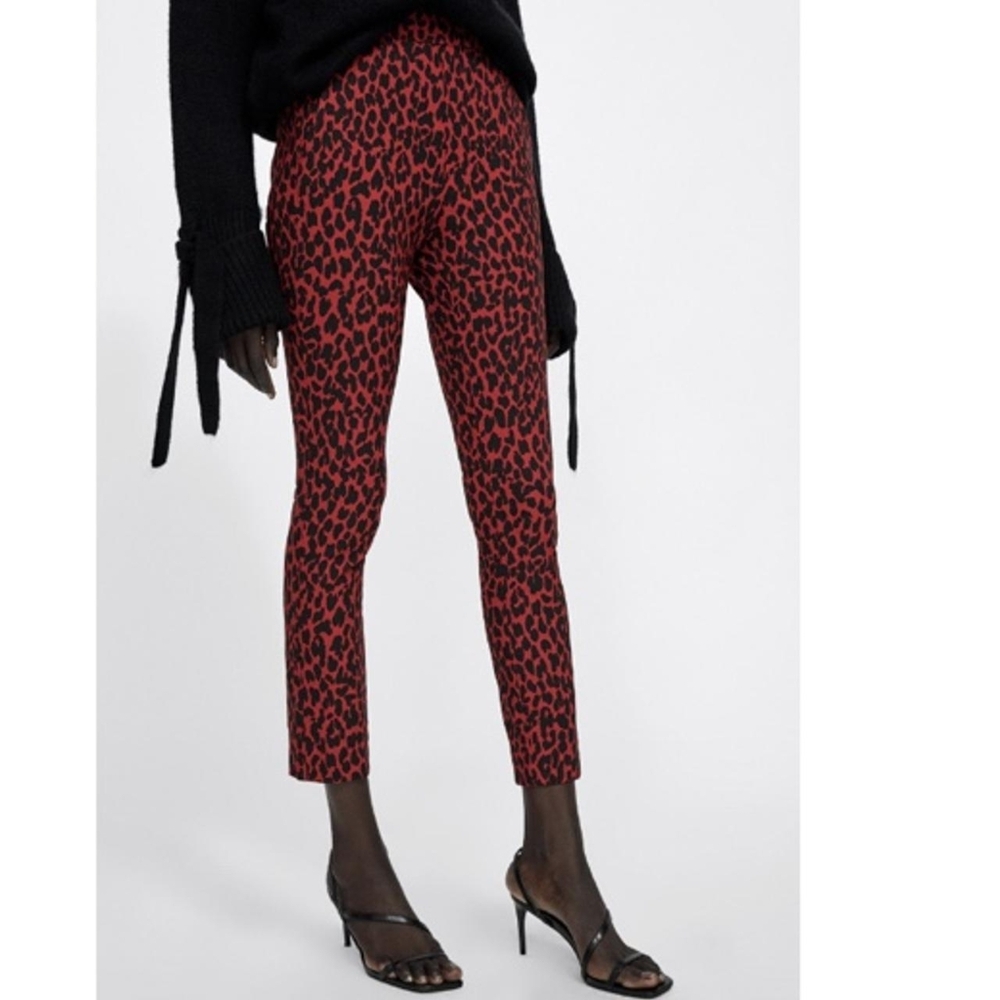 Zara Basic Red Black Leopard Print Skinny Pants Side Zip Size XL Y2k